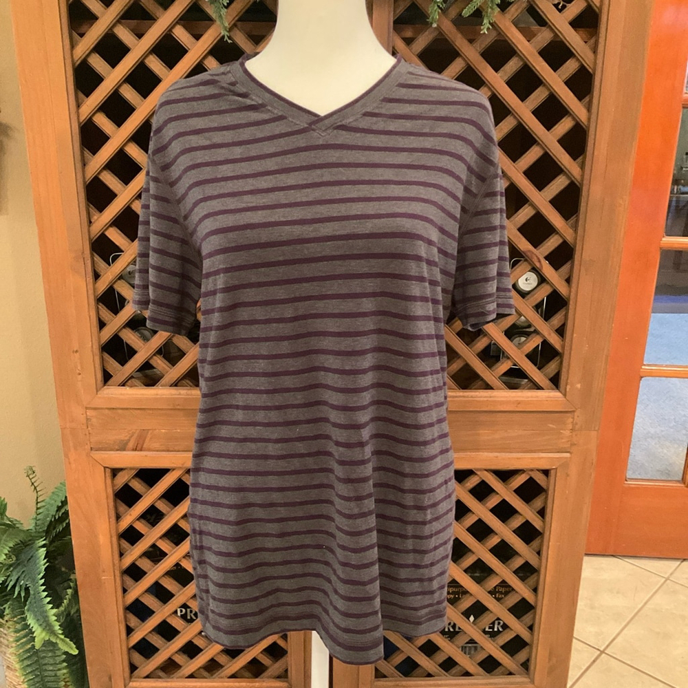 Lululemon Men’s Small Medium Grey Purple striped short sleeve V-neck shirt